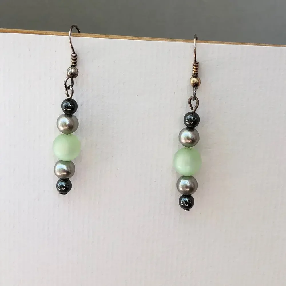 Green and Gray Dangle Statement Earrings Hook Faux Pearls Upcycled Handmade Gift